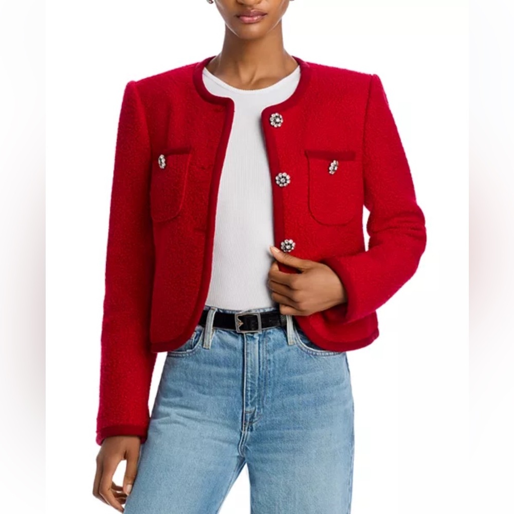 Cinq à Sept Junia Bouclé Jacket Red Jewel Button Cropped Blazer Size 10 NWT